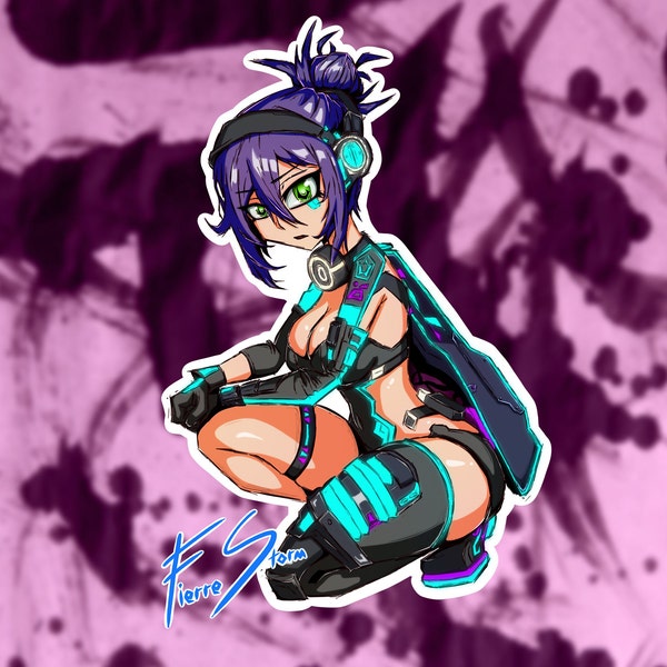 Futuristic Cyber Punk Style Cyber Soldier Dystopian Robot War Waifu Saia High Quality Glossy Vinyl Sticker