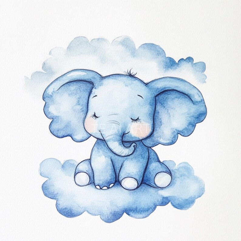 Adorable Blue Baby Elephant, Watercolor Clipart, 8 PNG, Instant ...