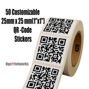 May include: A roll of white QR code stickers, each measuring 25mm x 25mm, with black QR code patterns. The roll contains 50 customizable stickers. Text on the image reads "50 Customizable 25mm x 25 mm(1"x1") QR-Code Stickers".