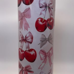 Cherry and Bows Tumbler, 20 oz Stainless Steel with lid and straw, Cherry Tumbler, Coquette Bows Tumbler
