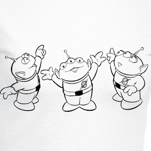 May include: A white t-shirt featuring a black line drawing of three alien characters from the Toy Story film. The aliens are wearing spacesuits and have three eyes each.
