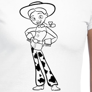 Può includere: Disegno in bianco e nero di un personaggio femminile dei cartoni animati che indossa un cappello da cowboy e una gonna con stampa di mucca. Il personaggio è in piedi con le mani sui fianchi.