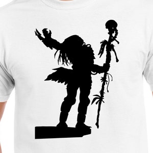 May include: Black silhouette of a Predator character from the movie franchise, holding a staff with a skull on top. The character is standing on a platform.
