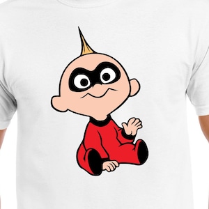 May include: A white t-shirt with a cartoon image of a baby in a red onesie and a black mask. The baby has a yellow spiky hair and is smiling.