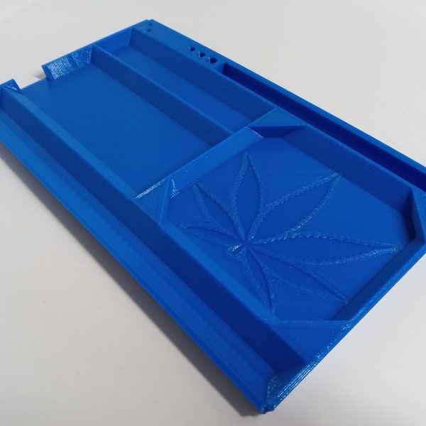 Blue PETG Rolling Tray, Pot Leaf Smoke Organizer BPA-Free Plastic 3D Printed