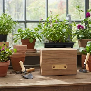 Op de afbeelding: Een houten zaaddoos met een messing label met de tekst "SEED" staat op een houten tafel. Kleine tuingereedschappen en terracotta potten met planten omringen de doos. De achtergrond toont een raam met uitzicht op groen.