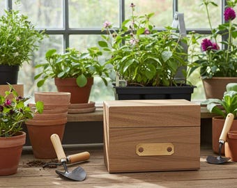 Caja organizadora de semillas de madera de acacia – Etiqueta de cuero para almacenamiento de jardín