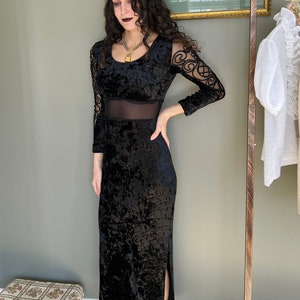Vintage Black Velvet Long Evening 1980&#39;s Dress with Appliqués