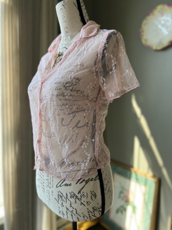 Vintage Pink Mesh Top With White Floral Embroidery