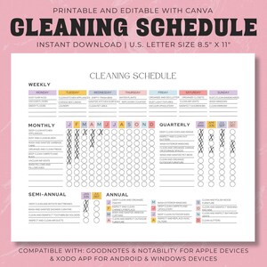 編集可能な掃除プランナー デジタル PDF、印刷可能な掃除スケジュール、週ごと、月ごと、年ごとの家事チェックリスト、ADHD クリーン ホーム テンプレート