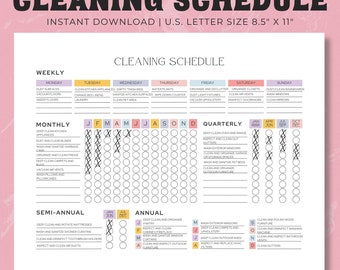 May include: A printable cleaning schedule checklist with a pink background. The checklist is divided into weekly, monthly, quarterly, semi-annual, and annual cleaning tasks. The checklist includes tasks such as dusting, vacuuming, cleaning appliances, and organizing closets.