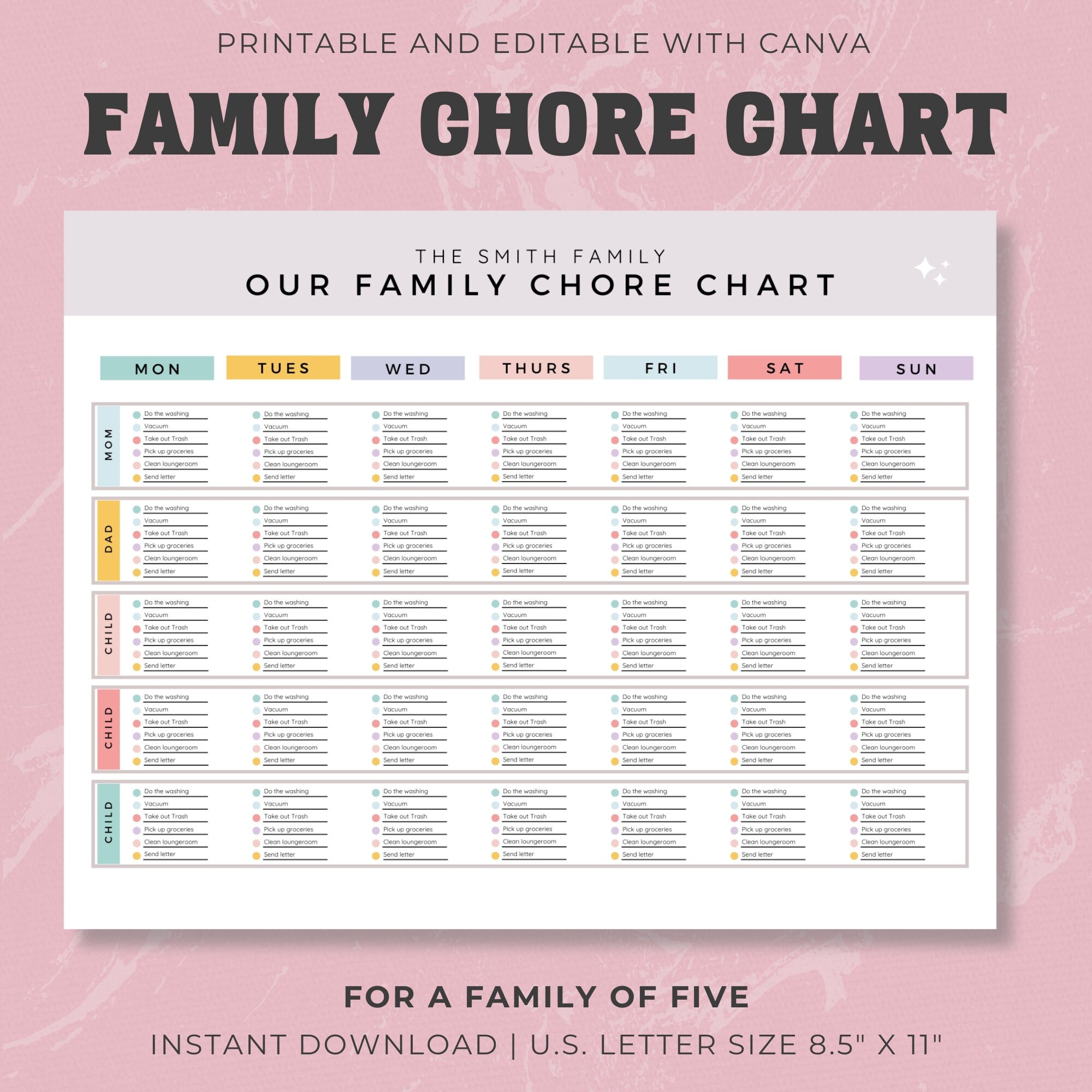 Family Chore Chart Checklist, Editable Cleaning Planner, Cleaning ...