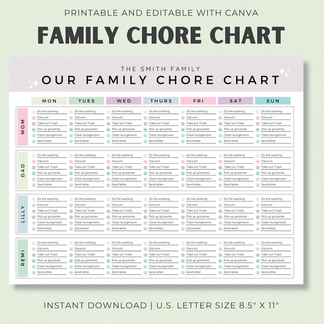 Family Chore Chart Checklist, Editable Cleaning Planner, Cleaning ...