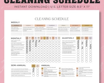 May include: Printable cleaning schedule checklist with a light pink background. The checklist is divided into weekly, monthly, quarterly, semi-annual, and annual cleaning tasks. The checklist includes tasks such as dusting, vacuuming, cleaning appliances, and organizing closets. The checklist is compatible with Goodnotes, Notability, and Xodo apps.