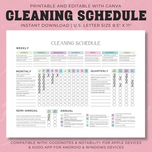 編集可能な掃除プランナー デジタル PDF、印刷可能な掃除スケジュール、週ごと、月ごと、年ごとの家事チェックリスト、ADHD クリーン ホーム テンプレート
