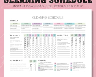 May include: A printable cleaning schedule checklist with a pink background. The checklist is divided into weekly, monthly, quarterly, semi-annual, and annual cleaning tasks. The checklist includes tasks such as dusting, vacuuming, cleaning appliances, changing bed linens, laundry, sanitizing surfaces, wiping down counters, organizing closets, cleaning air vents, disinfecting doorknobs, deep cleaning the kitchen, washing windows, and more.