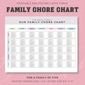 Family Chore Chart Checklist, Editable Cleaning Planner, Cleaning Schedule, Weekly House Chores, Adhd Clean Home,Household Planner Printable image 1