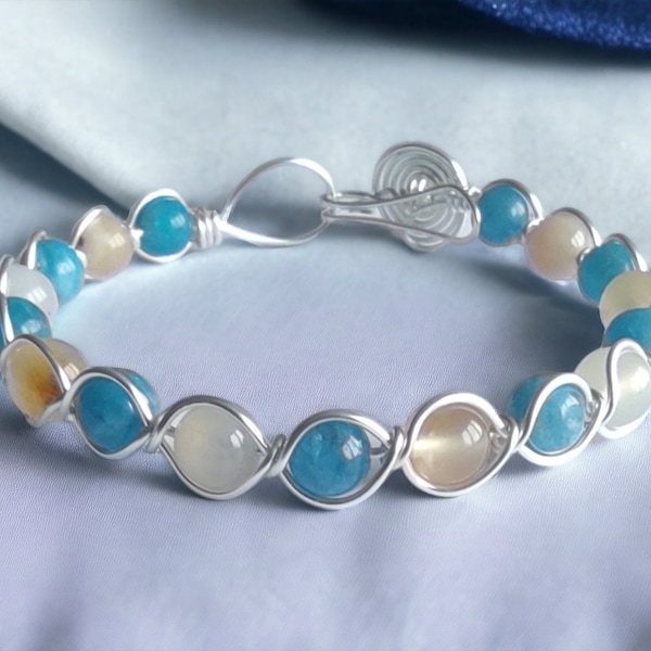 Bracelet Agate fleur de cerisier et Apatite bleue