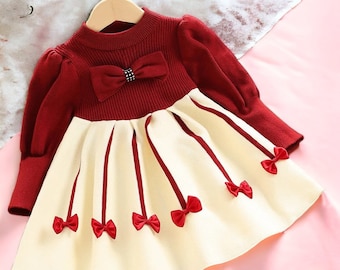 Festive Kids Christmas Dress, Toddler Xmas Outfit, Red Wool Dress for Girls, Perfect for Photoshoots & Celebrations!