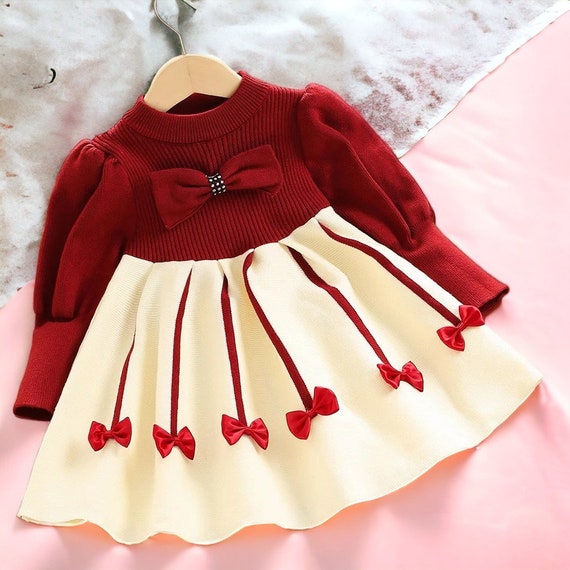 Festive Kids Christmas Dress, Toddler Xmas Outfit, Red Wool Dress