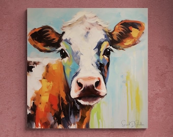 Hand Painted Cow Print on Premium Canvas Farmhouse Wall Art Gift For Cow Lover Collector Ranch Interior Artwork for Farm Decor Wall Hanging