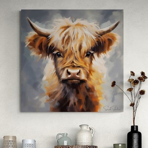 Precious Baby Highland Cow Painting Print on Canvas Farmhouse Home Wall Decor for Kids Room Nursery Artwork Gift for Farmer New Home Decor