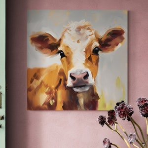 Hand Painted Young Cow Portrait Print on Premium Canvas Farmhouse Wall Hanging Decor Gift for New Ranch Home Cattle Picture Gift for Farmer