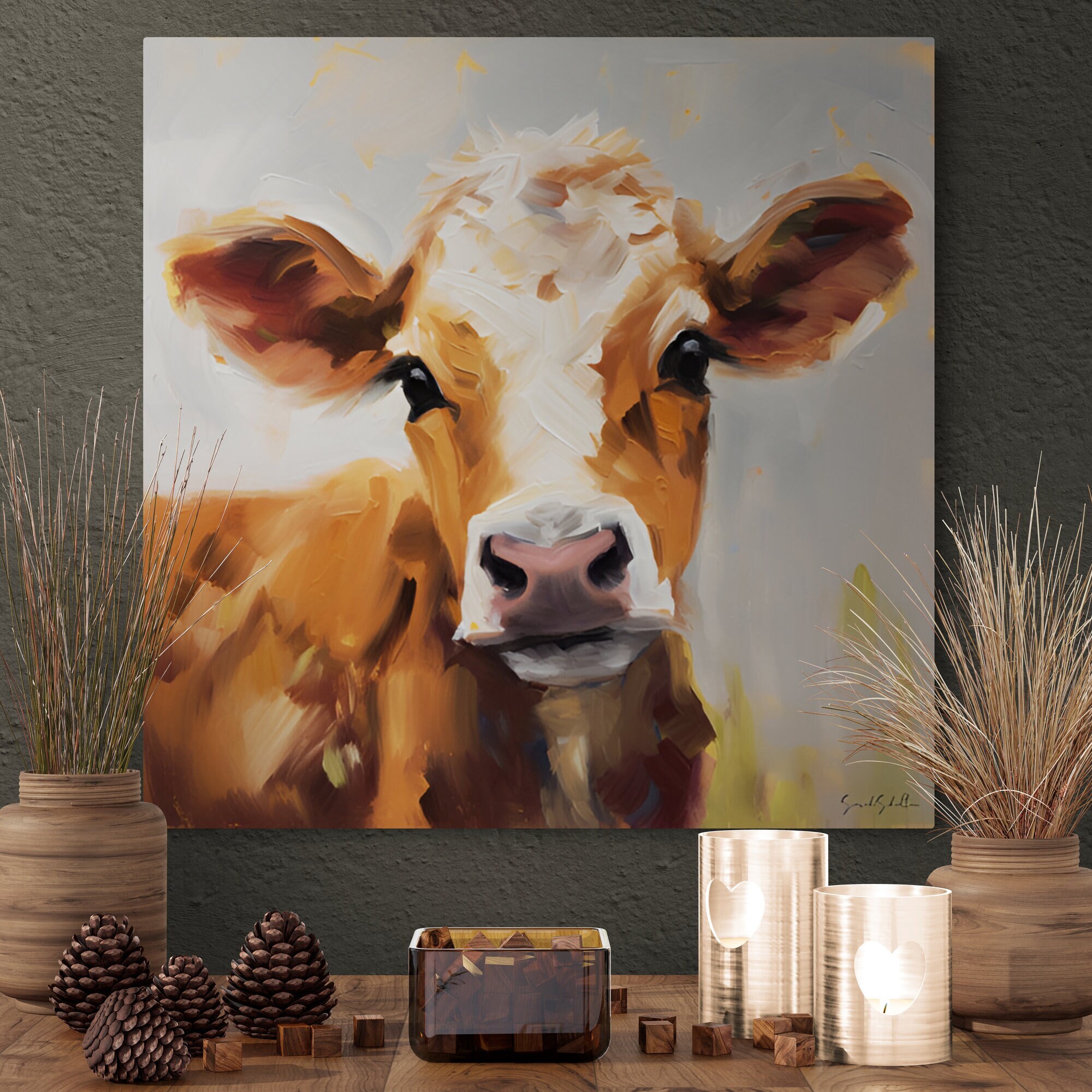 Hand Painted Young Cow Portrait Print on Premium Canvas Farmhouse Wall ...