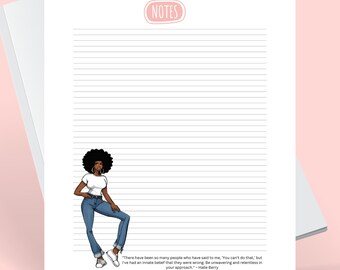 Printable stationery includes daily agenda with affirmation & priorities, blank, unlined note paper, featuring Black women artwork - Sasha