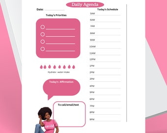 Cute printable stationery includes daily agenda with affirmation and priorities featuring Black and African American women artwork - Lisa