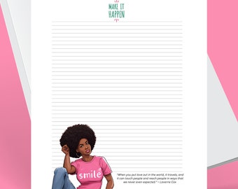 Printable stationery lined single page featuring Black woman art