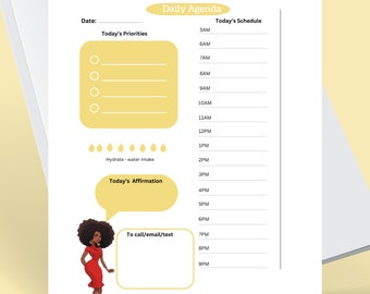 Printable stationery includes daily agenda with affirmations and priorities featuring Black woman artwork - Jasmin