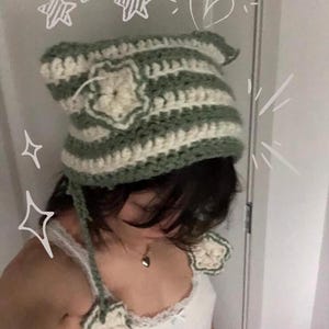 Custom handmade crochet cat ear beanie green and white alt y2k cottagecore