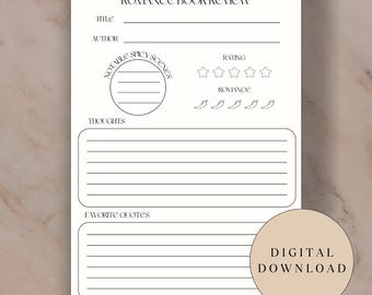 Romance Book Review Card, Printable Notecard (Digital Download A5 Size)