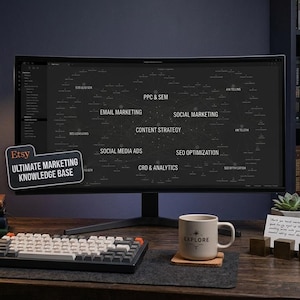 May include: A computer monitor displaying a marketing knowledge base mind map with text including PPC & SEM, Email Marketing, Social Marketing, Content Strategy, Social Media Ads, SEO Optimization, and CRO & Analytics, with an Etsy label and download button.
