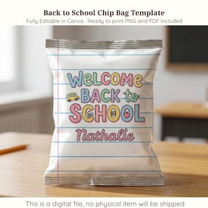 Plantilla para bolsas de patatas fritas de vuelta al cole, envoltorio personalizado para bolsas de merienda de alumnos, regalo de bienvenida escolar imprimible