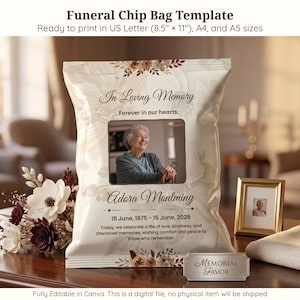 May include: A beige funeral chip bag template with floral accents and the text "In Loving Memory." It includes a photo and the name "Adora Montminy" with dates. A small gold frame and a "Memorial Favor" sign are also visible.