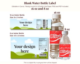 Bewerkbare etiketsjabloon waterfles: zakjes voor doe-het-zelffeestje (canvasjabloon, digitale download)