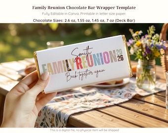 Plantilla editable en Canva para envoltorios de barras de chocolate para reuniones familiares, recuerdo imprimible para fiestas de reencuentro, descarga instantánea de recuerdos personalizados para fiestas.
