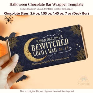 Halloween Chocolate Bar Wrapper Template Bewitched Cocoa Bar Halloween Party Favor Printable Candy Bar Label Trick-or-Treat Giveaways