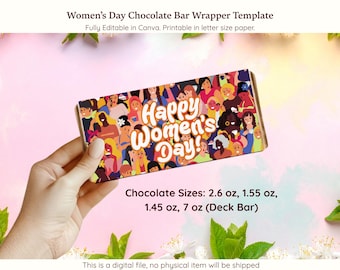 Bearbeitbare Schokoladenriegel-Wrapper-Vorlage für den Frauentag, Happy International Women's Day Candy Wrapper Printable Party Favor