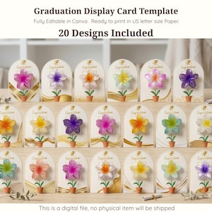 May include: A display of graduation cards featuring colorful flower designs. Each card has a flower in a small pot, with the word "Congratulations" on top. The text "Graduation Display Card Template" and "20 Designs Included" are also visible.