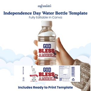 Modèle d'étiquette de bouteille d'eau pour le jour de l'indépendance que Dieu bénisse l'Amérique, cadeau du 4 juillet, toile modifiable imprimable rouge, blanc et bleu