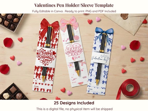 Valentine Pen Sleeve Printable Bundle Coquette Valentin Designs Classroom Cards Teacher Pen Holder Gift Tags