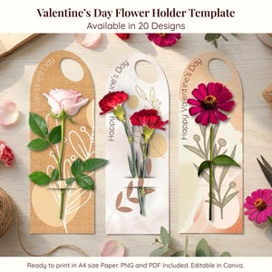 Peut inclure: Modèles de porte-fleurs pour la Saint-Valentin avec des motifs floraux. Les modèles présentent une rose rose, des œillets rouges et un zinnia magenta. Le texte "Happy Valentine's Day" est visible. Autres éléments : ficelle, ciseaux et pétales de fleurs.