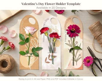 Plantilla editable para porta flores de San Valentín, 20 diseños, tarjeta de ramo imprimible, funda para rosas de papel, funda para tallo de una sola flor