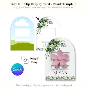 Puede incluir: Plantilla digital para tarjetas de exhibición de pinzas para el pelo grandes. El diseño presenta una tarjeta en forma de arco con un gráfico de nube y hierba, y una tarjeta con una pinza para el pelo de flor rosa. El texto incluye "Big Hair Clip Display Card - Blank Template" y "Canva".