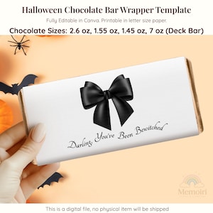 Halloween Chocolate Bar Wrapper Template, Black Ribbon Wrapper Chocolate Treats, Spooky Party Favor