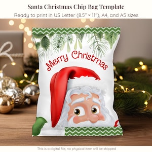 Santa Christmas Chip Bag Template Printable Holiday Treat Bag | DIY Merry Christmas Goodie Bag Wrapper | Snack Packaging for School Party