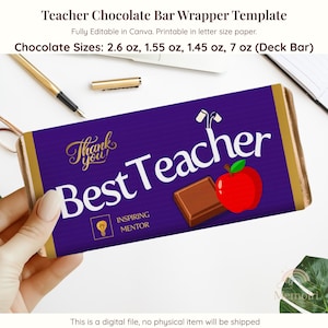 Teacher Chocolate Wrapper Template Editable Canva Template for Teachers Thank You Teacher Gift Printable Teacher Appreciation Wrapper